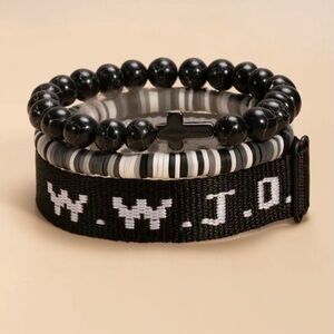 3pc black wwjd bracelet set/black beaded clay/ black beaded with a white cross